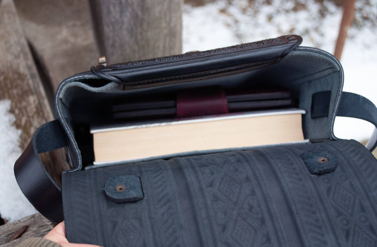 Black Handcrafted Leather Briefcase with Embossing