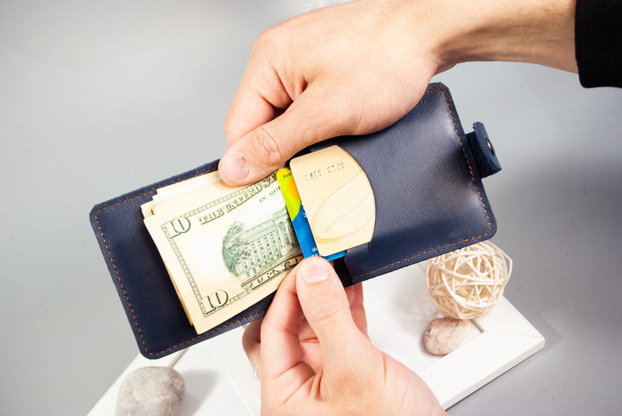 Dark Blue Leather Money Clip with Coin Holder and Folk Ornament Embossing