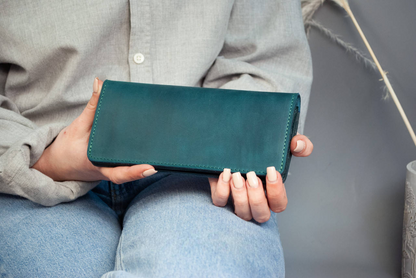 Women's Long Dark Turquoise Leather Wallet with Ukrainian Trident and Viburnum Embossing