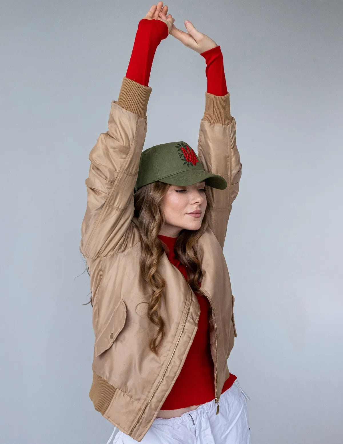 Baseball Cap with Tryzub and Embroidery (Khaki with Red)