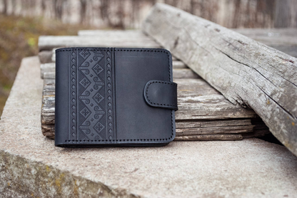 Men's Black Leather Wallet with Embossed Embroidery