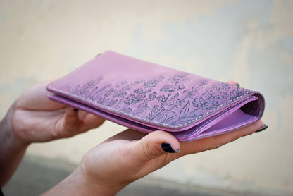 Long Women's Leather Wallet with Lavender Embossing