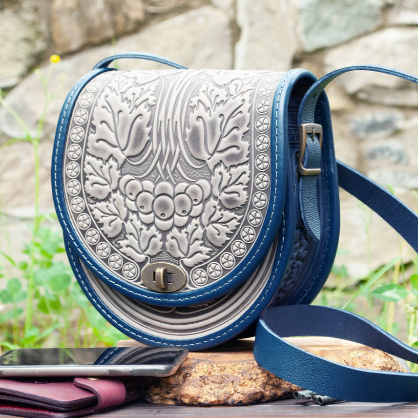 Gray and Blue Leather Crossbody Bag with Boho Embossing