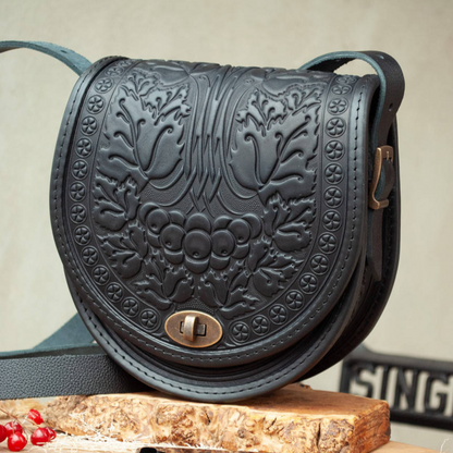 Black Leather Crossbody Bag with Boho Embossing