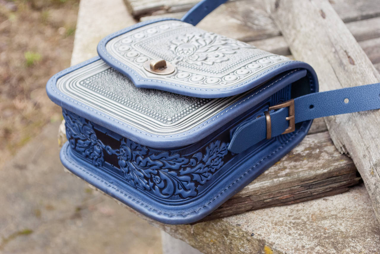 Ethno-Embossed Gray and Blue Leather Crossbody Bag