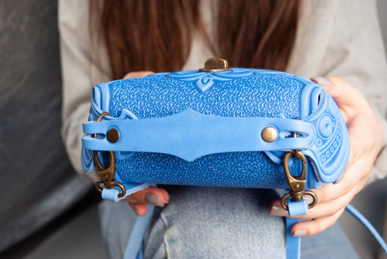 Small Light Blue Leather Crossbody Backpack with Boho Ornament