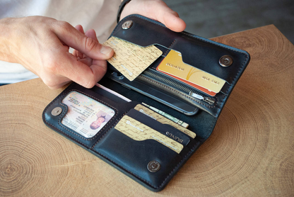 Long Men's Black Leather Wallet with Embossing