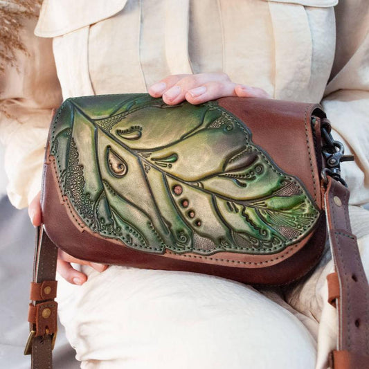 Handcrafted "Leaf" Shoulder Bag with Hand-Painted Italian Leather - Chestnut Brown