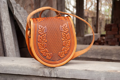 Semi-Circular Leather Crossbody Bag with Boho Embossed Pattern – Chestnut Brown