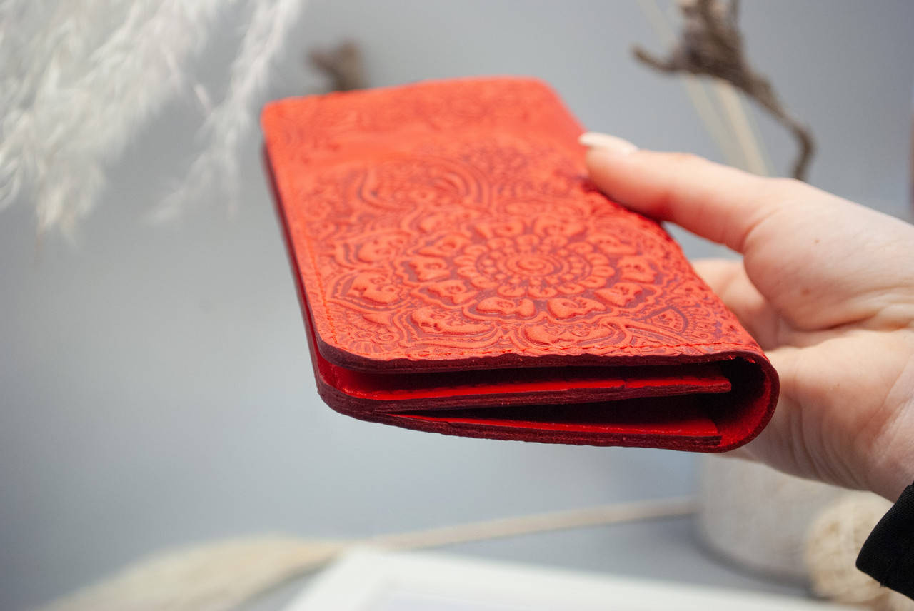 Women's Long Leather Wallet with Embossed "Flower Garden" Pattern - Red