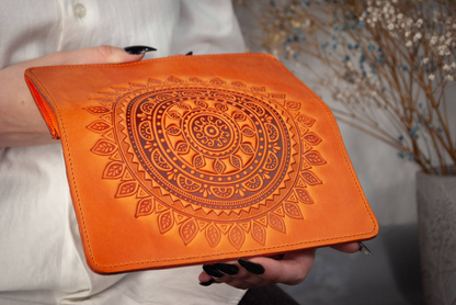 Orange Long Leather Wallet with Sun Embossing