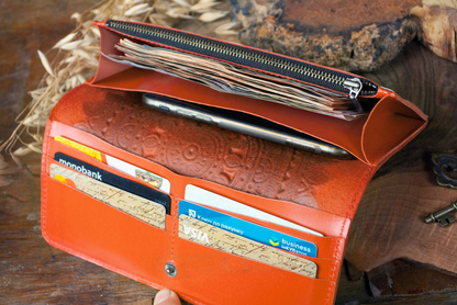 Orange Long Leather Wallet with Sun Embossing