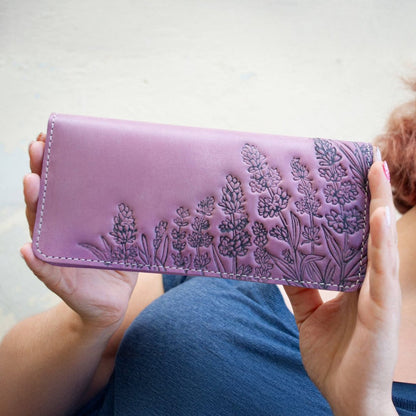 Long Women's Leather Wallet with Lavender Embossing