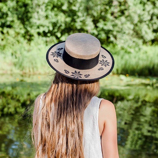 Canotier Hat with Embroidery (Black)