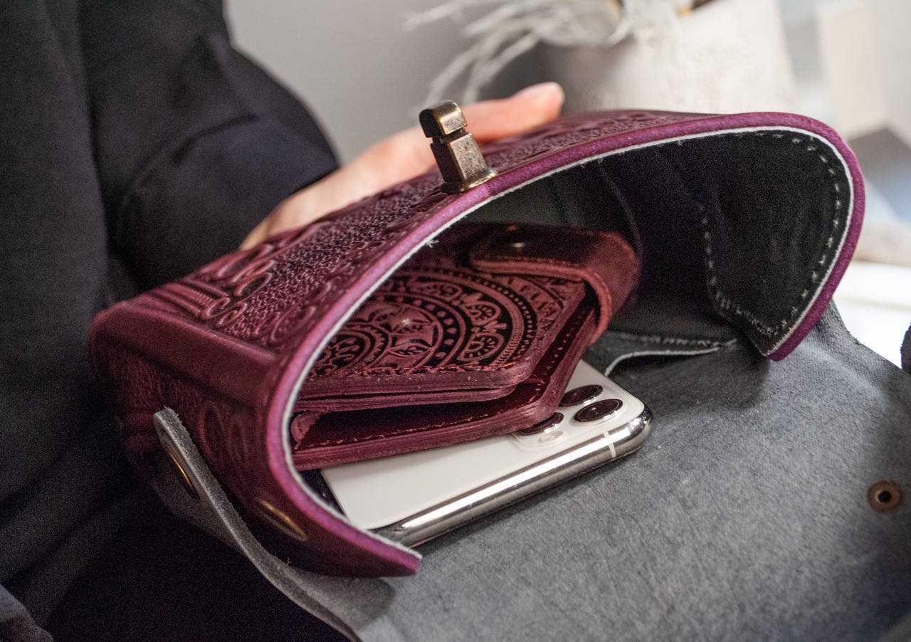 Small Burgundy-Gray Leather Crossbody Backpack with Boho Ornament