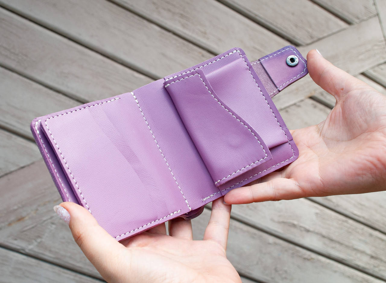 Women's Leather Wallet with Lavender Embossing and Hand-Painting