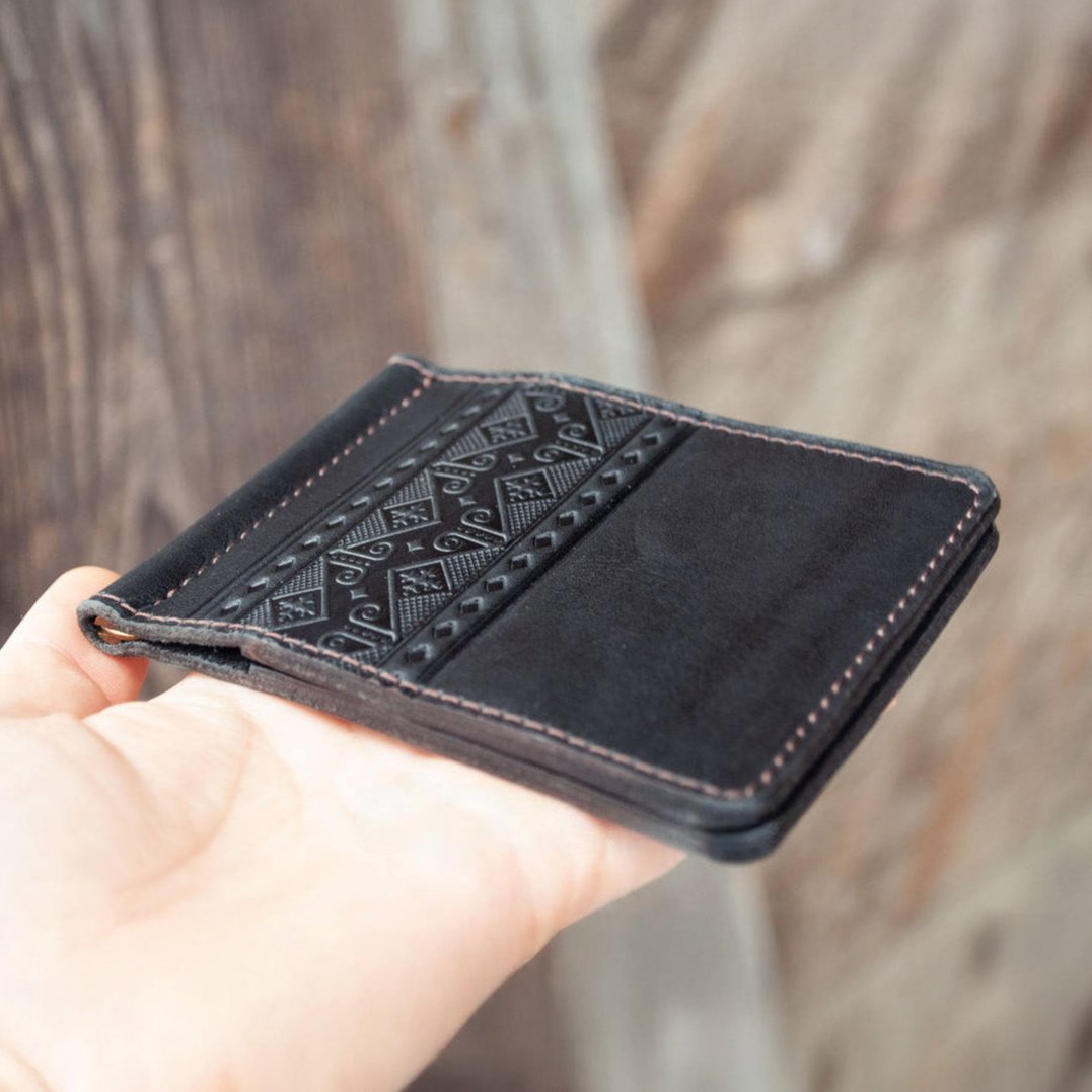 Black Leather Money Clip – Embossed with Ukrainian Ornament