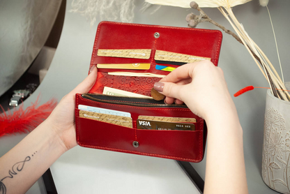 Women's Long Red Leather Wallet with "Mandala" Embossing