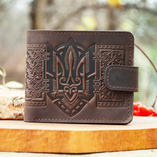 Men's Brown Leather Wallet with Ukrainian Trident Embossing