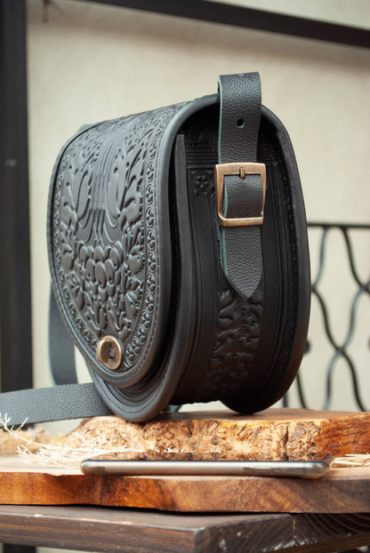 Black Leather Crossbody Bag with Boho Embossing