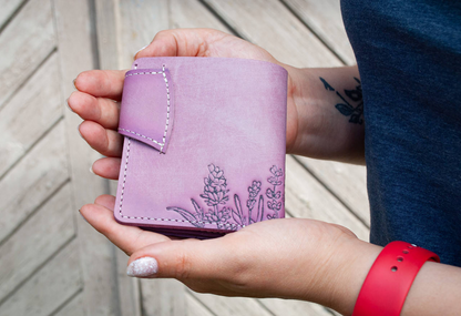 Women's Leather Wallet with Lavender Embossing and Hand-Painting