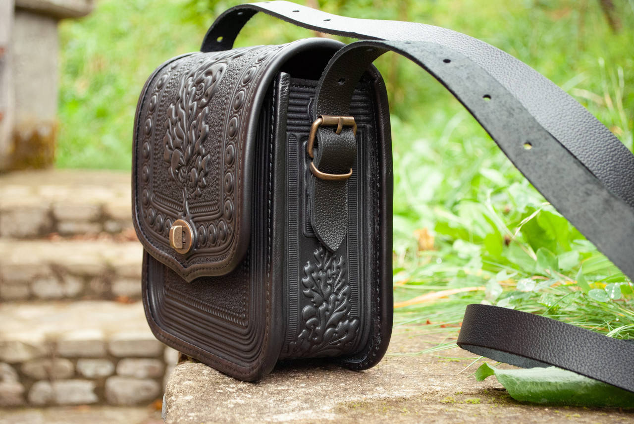 Black Rectangular Leather Crossbody Bag with Ethno Embossed Pattern