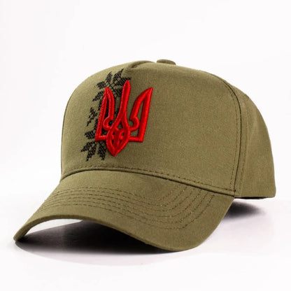 Baseball Cap with Tryzub and Embroidery (Khaki with Red)