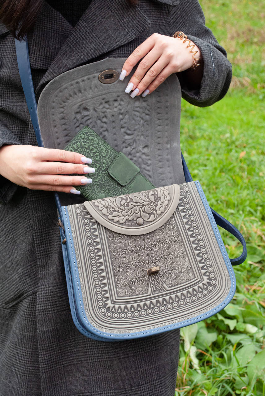 Leather Bag with Embossing, Gray with Blue