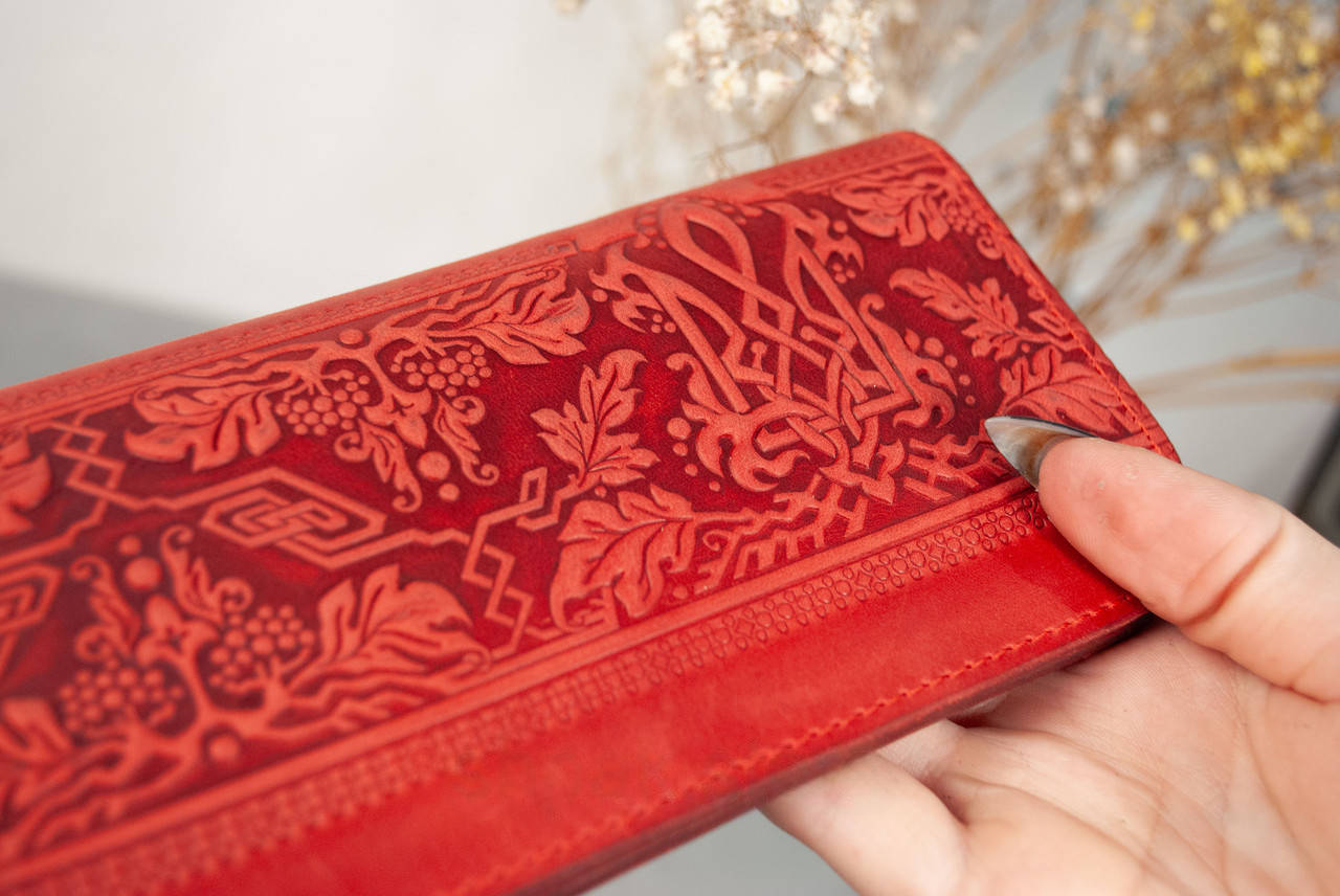 Red Long Leather Women's Wallet with Tryzub Embossing and Magnetic Closure