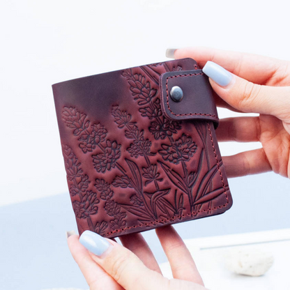 Maroon Leather Wallet with Lavender Embossing