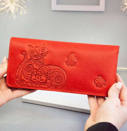 Red Leather Wallet with Cat Embossing