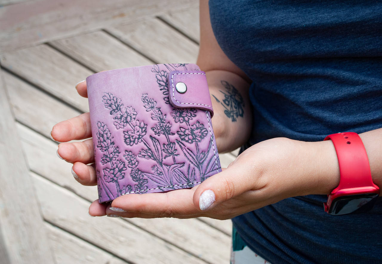 Women's Leather Wallet with Lavender Embossing and Hand-Painting