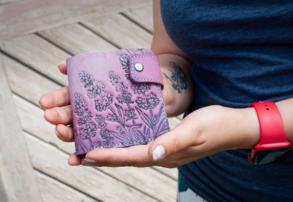 Women's Leather Wallet with Lavender Embossing and Hand-Painting