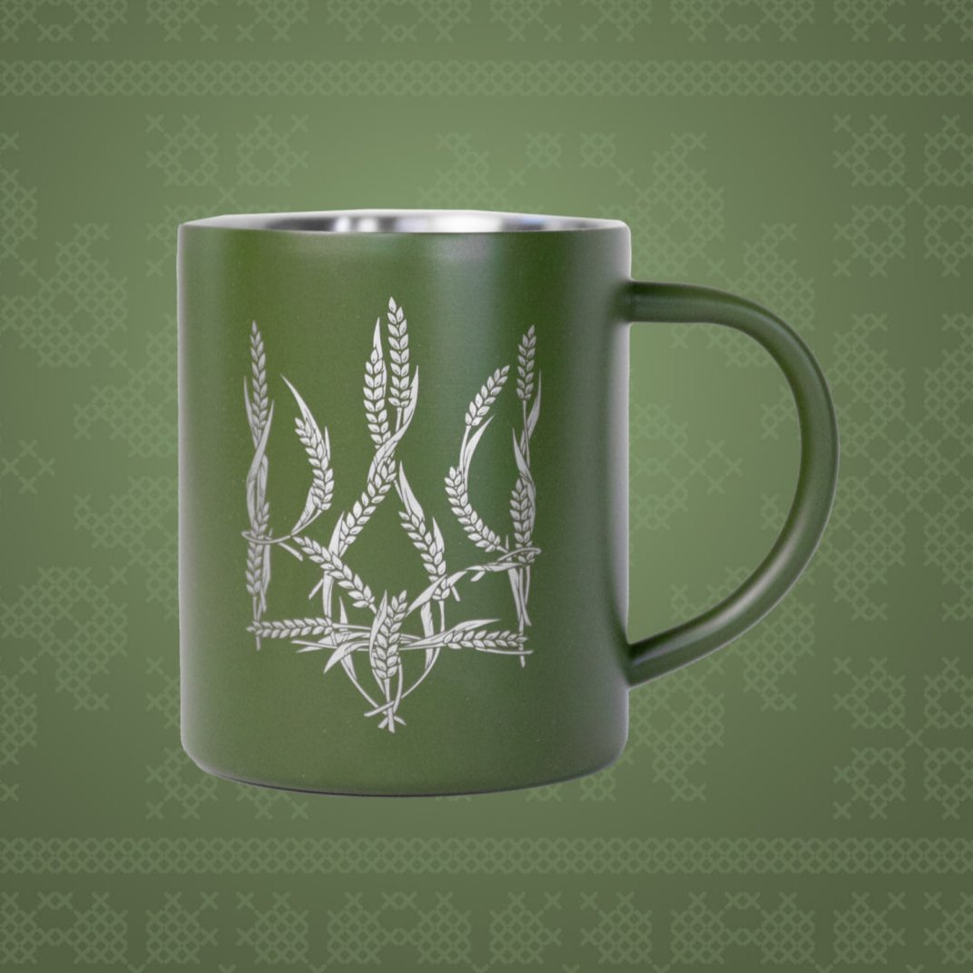 Green Metal Mug "Ukrainian Coat of Arms" with Wheat Stalks