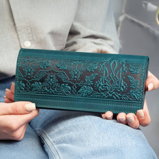 Women's Long Dark Turquoise Leather Wallet with Ukrainian Trident and Viburnum Embossing