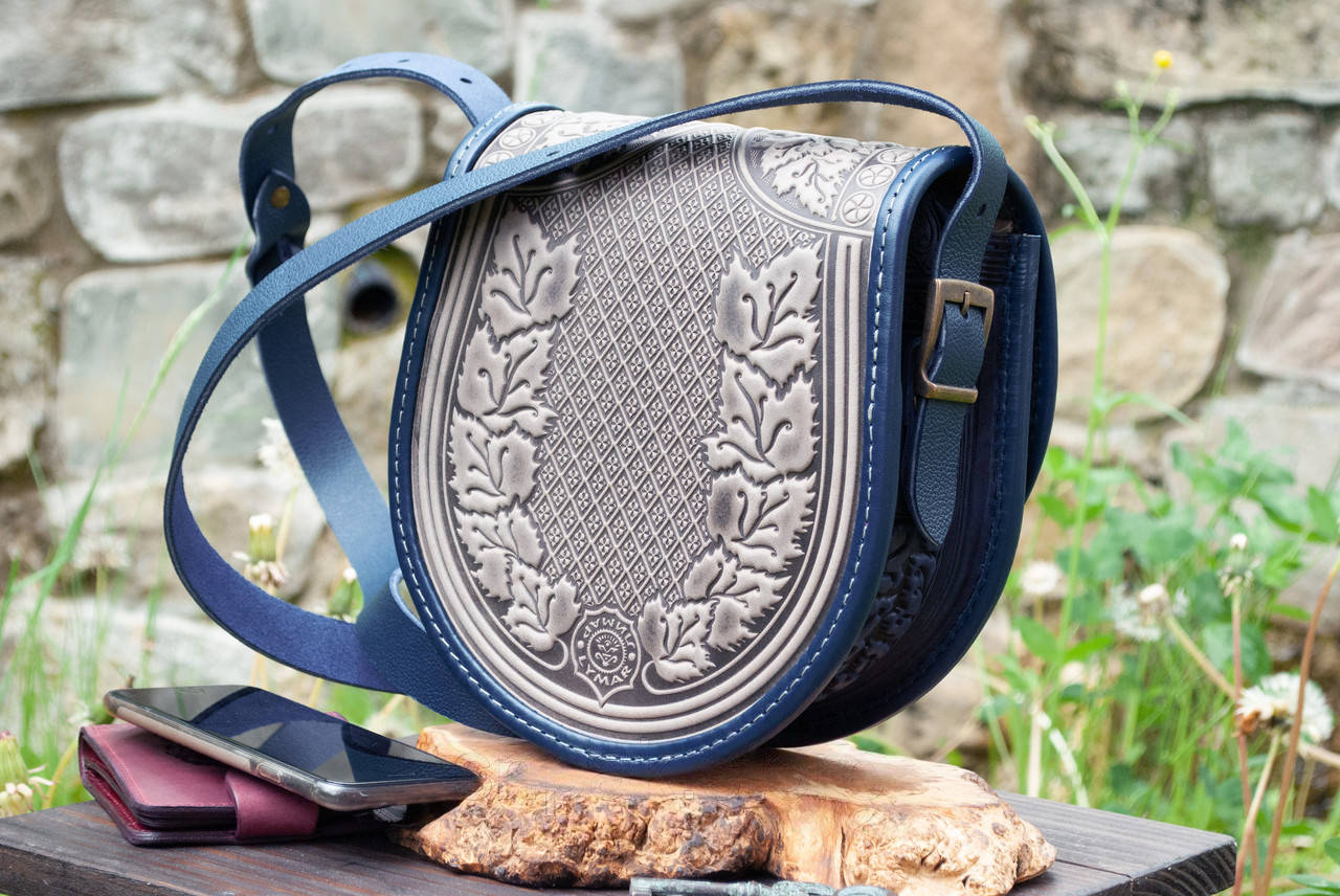 Gray and Blue Leather Crossbody Bag with Boho Embossing