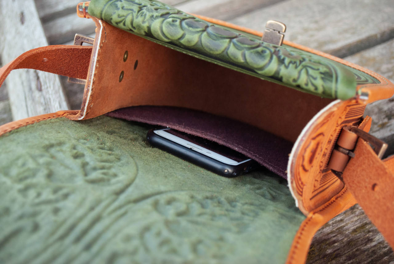 Olive and Ginger Leather Crossbody Bag with Boho Embossing