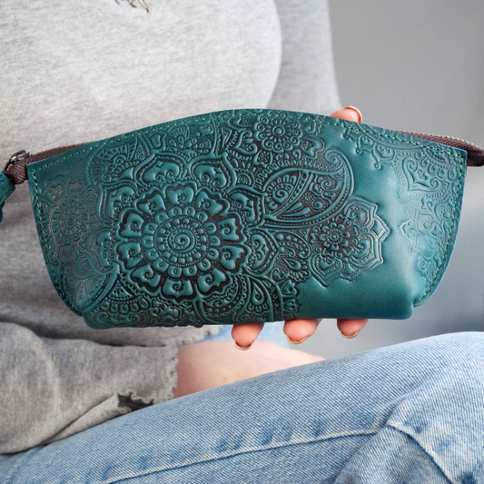 Leather Makeup Bag with Floral Garden Embossing, Sea Wave Color