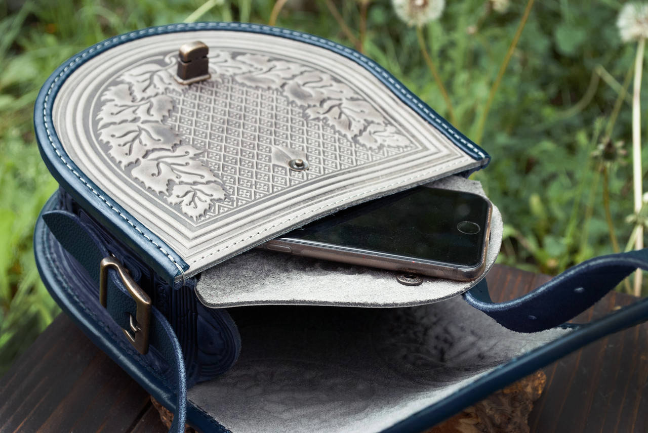 Gray and Blue Leather Crossbody Bag with Boho Embossing