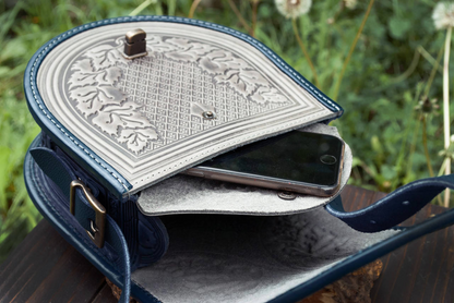 Gray and Blue Leather Crossbody Bag with Boho Embossing