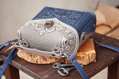 Small Gray-Blue Leather Crossbody Backpack with Boho Ornament