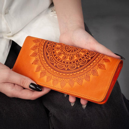 Orange Long Leather Wallet with Sun Embossing