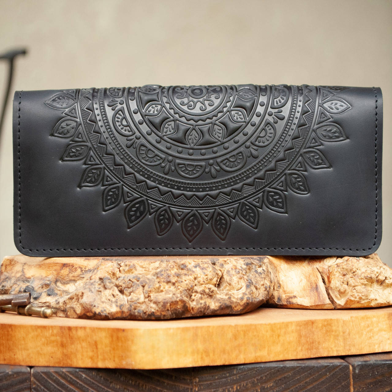 Women's Genuine Leather Wallet in Black with Mandala Embossing