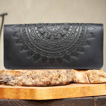 Women's Genuine Leather Wallet in Black with Mandala Embossing