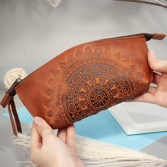 Light Brown Leather Makeup Bag with Sunflower Embossing