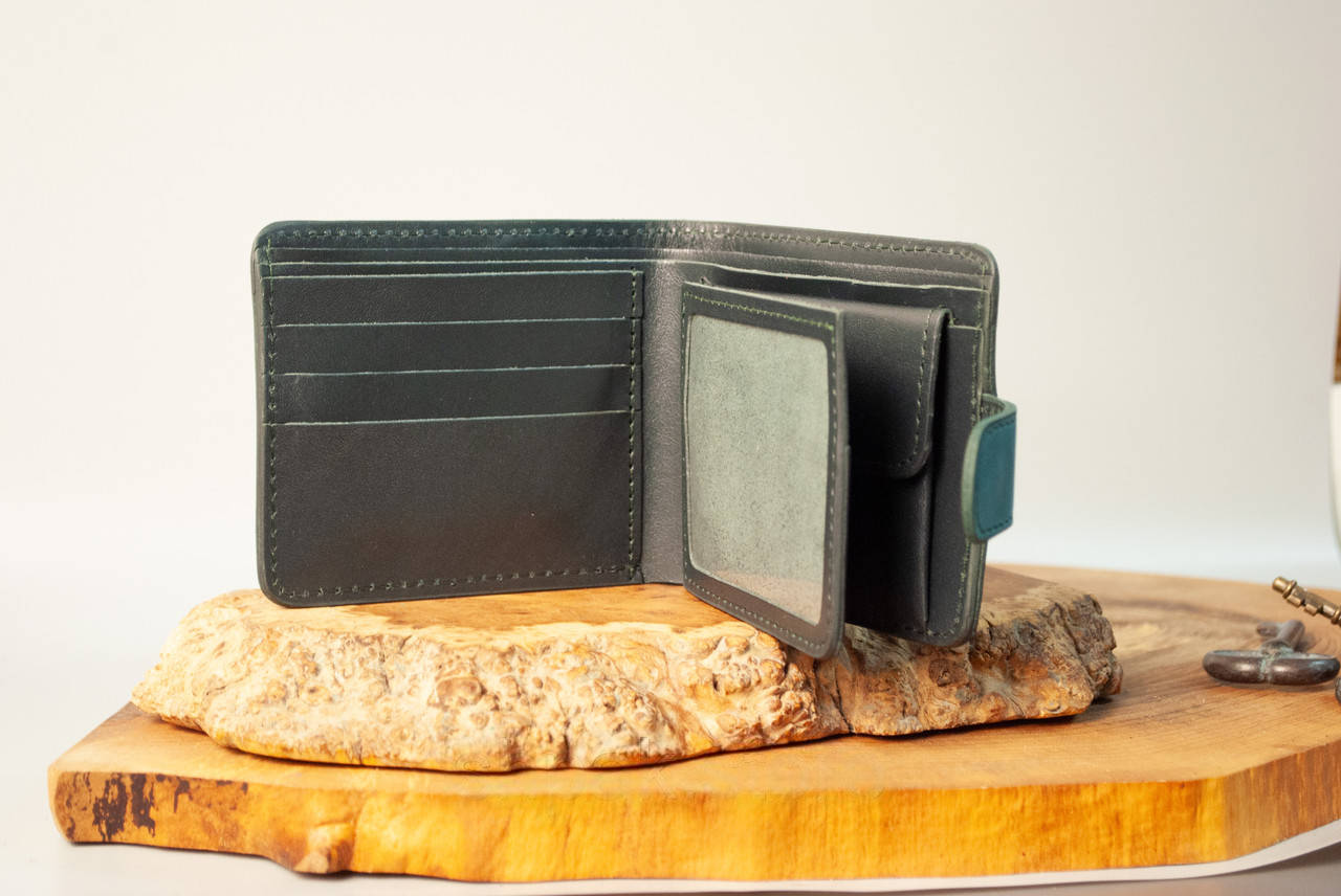 Dark Green Men's Leather Wallet with Ukraine Trident Emblem