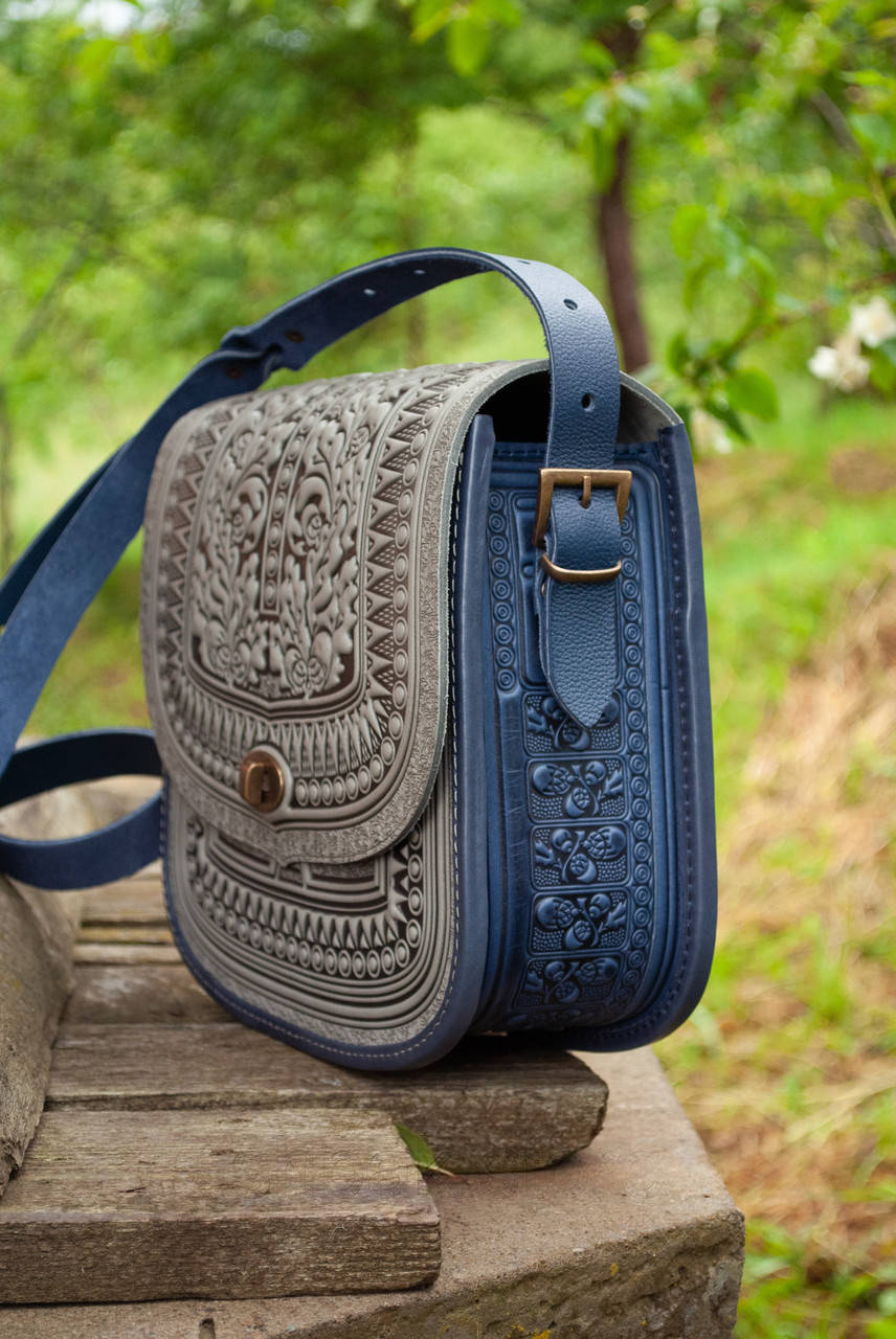 Leather Bag with Embossing, Gray with Blue