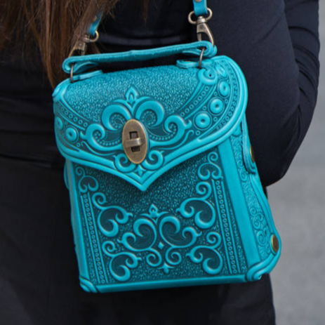 Small Turquoise Leather Crossbody Backpack with Boho Ornament