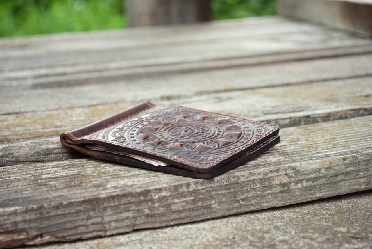 Dark Brown Leather Money Clip with "Sun" Mandala Embossing