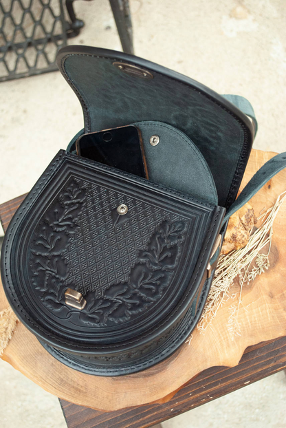 Black Leather Crossbody Bag with Boho Embossing